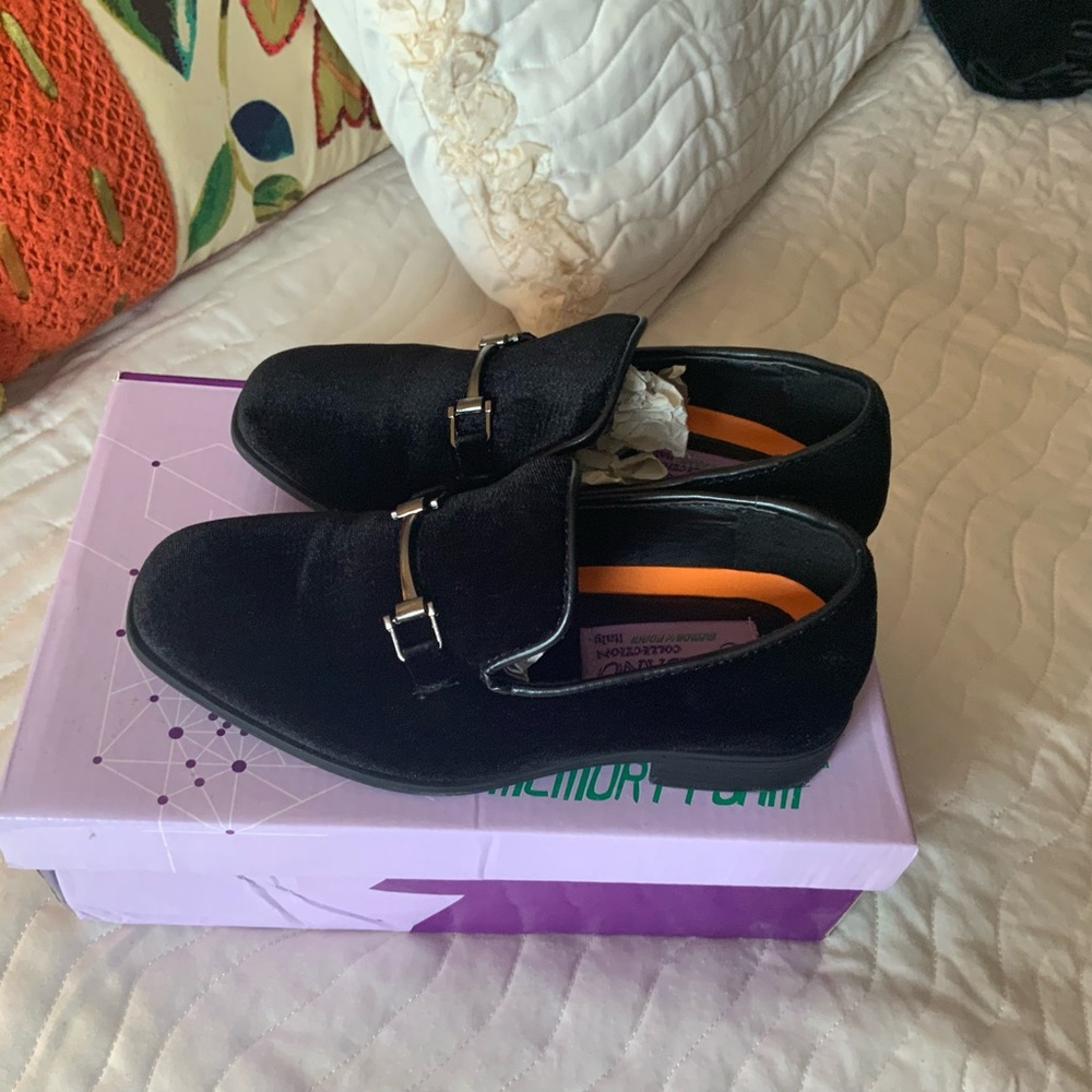 Boy,s Black Suede Slip-On Loafers with Silver Buckle